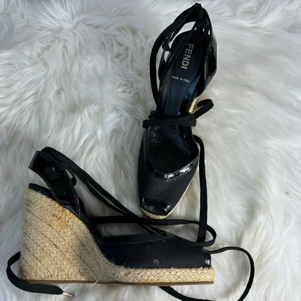 Fendi Black Canvas/Patent Leather Ankle Tie Espadrille Wedges Sz 38/US 7.5
